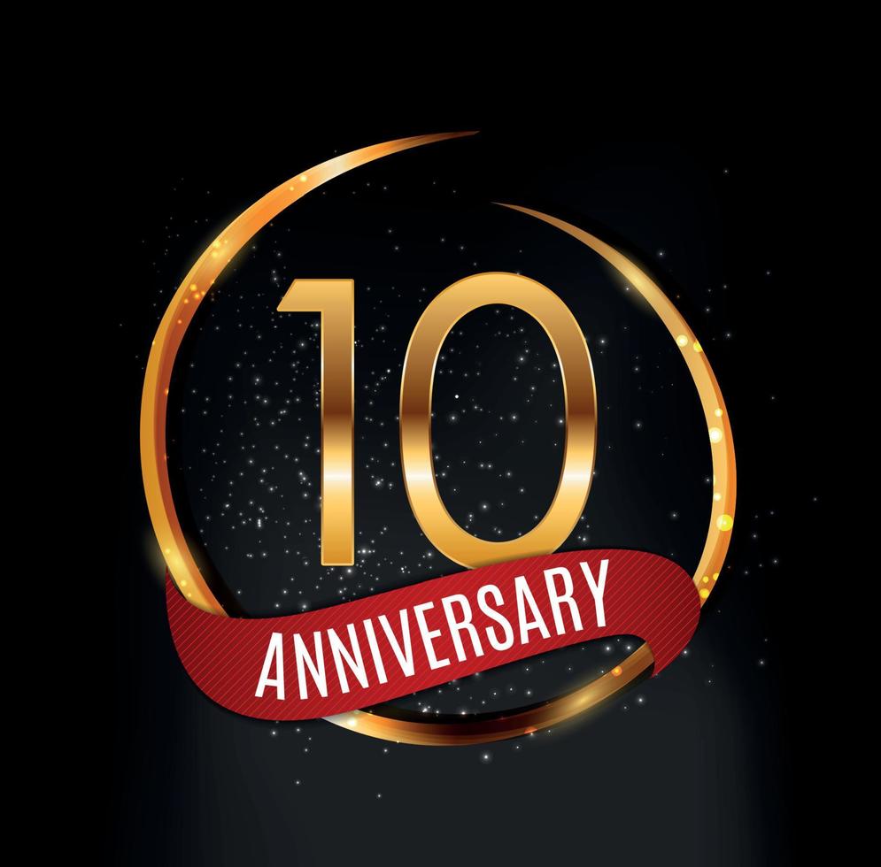 mall guld logotyp 10 års jubileum med rött band vektorillustration vektor