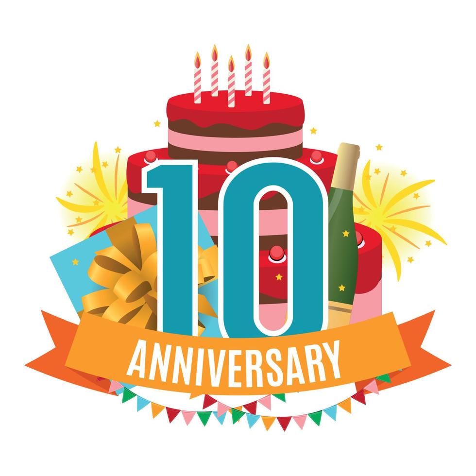 Vorlage 10 Jahre Jubiläumsglückwünsche, Grußkarte mit Kuchen, Geschenkbox, Feuerwerk und Bandeinladungsvektorillustration vektor