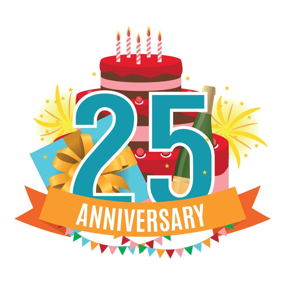 Vorlage 25 Jahre Jubiläumsglückwünsche, Grußkarte mit Kuchen, Geschenkbox, Feuerwerk und Bandeinladungsvektorillustration vektor