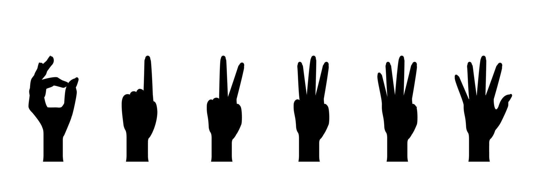 Satz von Handsilhouetten, die die Zahlen 0, 1, 2, 3, 4, 5 mit Beugung der Finger zeigen. Vektorillustration vektor