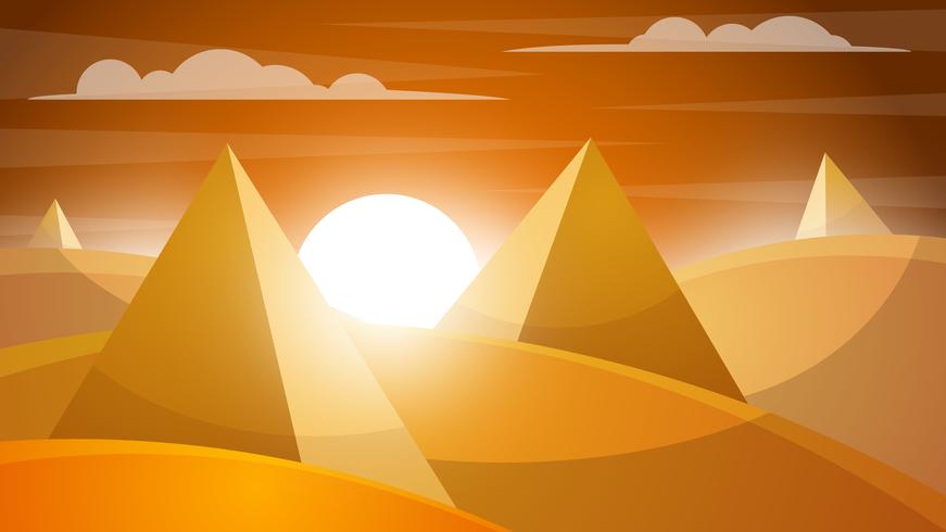 Ökenlandskap. Pyramid och sol. vektor