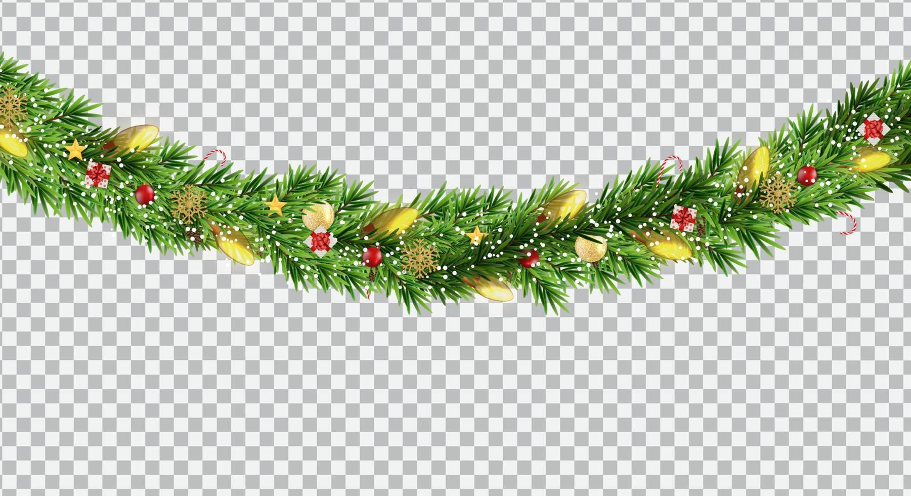 breite Weihnachtsgrenzengirlande aus Tannenzweigen, Kugeln, Tannenzapfen und anderen Ornamenten, einzeln auf transparentem Hintergrund. Vektor-Illustration vektor