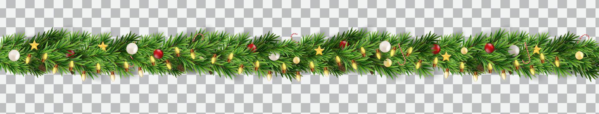 breite Weihnachtsgrenzengirlande aus Tannenzweigen, Kugeln, Tannenzapfen und anderen Ornamenten, einzeln auf transparentem Hintergrund. Vektor-Illustration vektor