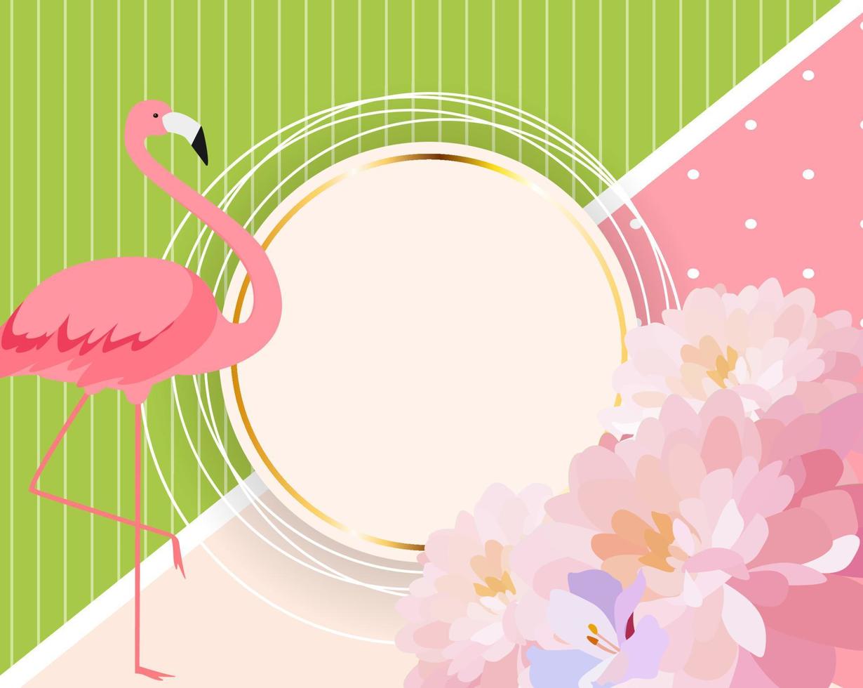 färgglada kortmall med tecknad rosa flamingo och blommor. vektor illustration