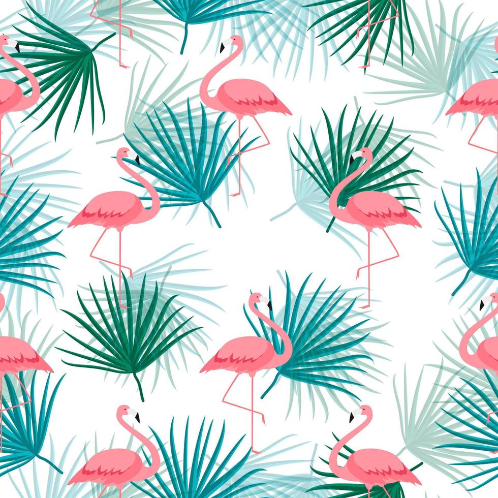 palmblad och med tecknad rosa flamingo. sömlös bakgrund. vektor illustration