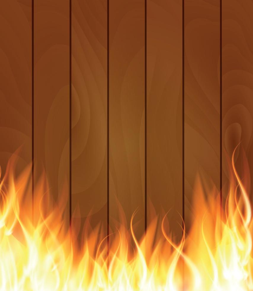 brinnande eld speciell ljuseffekt lågor på träskivor bakgrund. vektor illustration