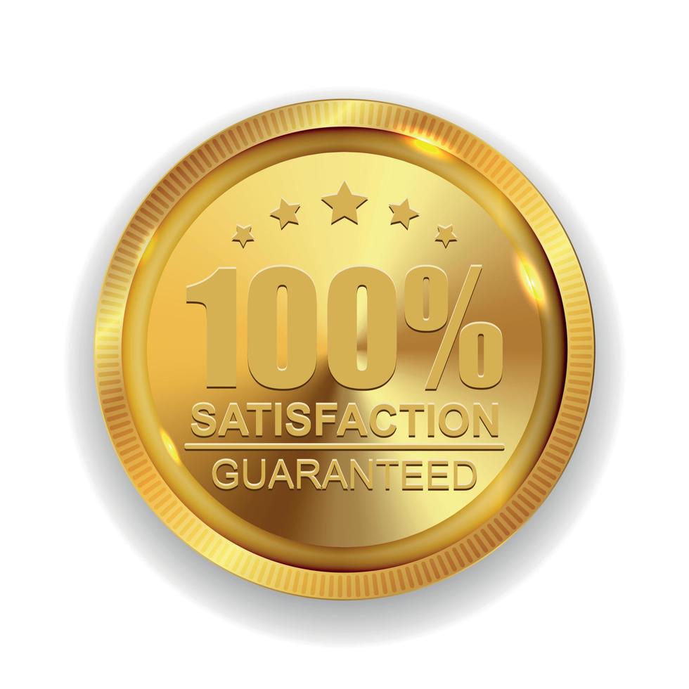 100 tillfredsställelse garanteras gyllene medalj etikett ikonen sigill tecken isolerad på vit bakgrund. vektor illustration