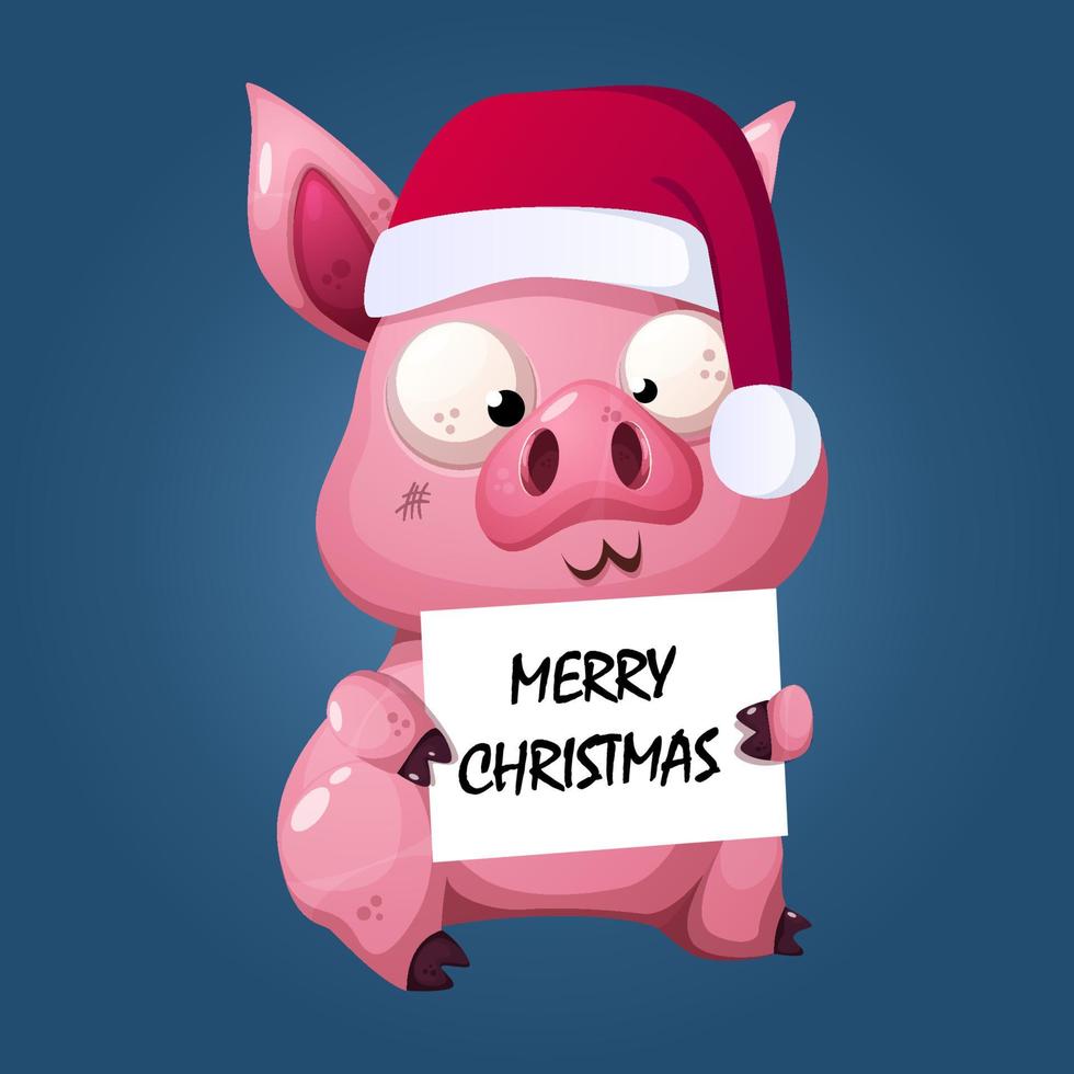 verrücktes Cartoon-Schwein, das Weihnachtsmann-Hut trägt und frohe Weihnachten wünscht Premium-Vektor vektor