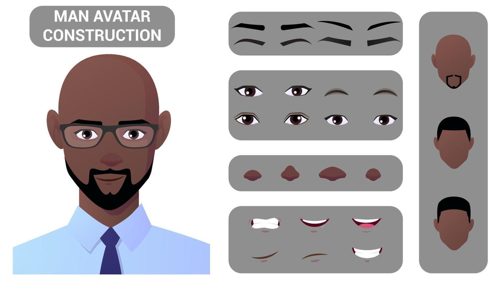 Black Man Face Construction und Character Creation Pack mit Haaren, Augen, Lippen und Kopfteilen für die Avatar-Erstellung Premium-Vektor isoliert auf weißem Hintergrund. Entwurf vektor