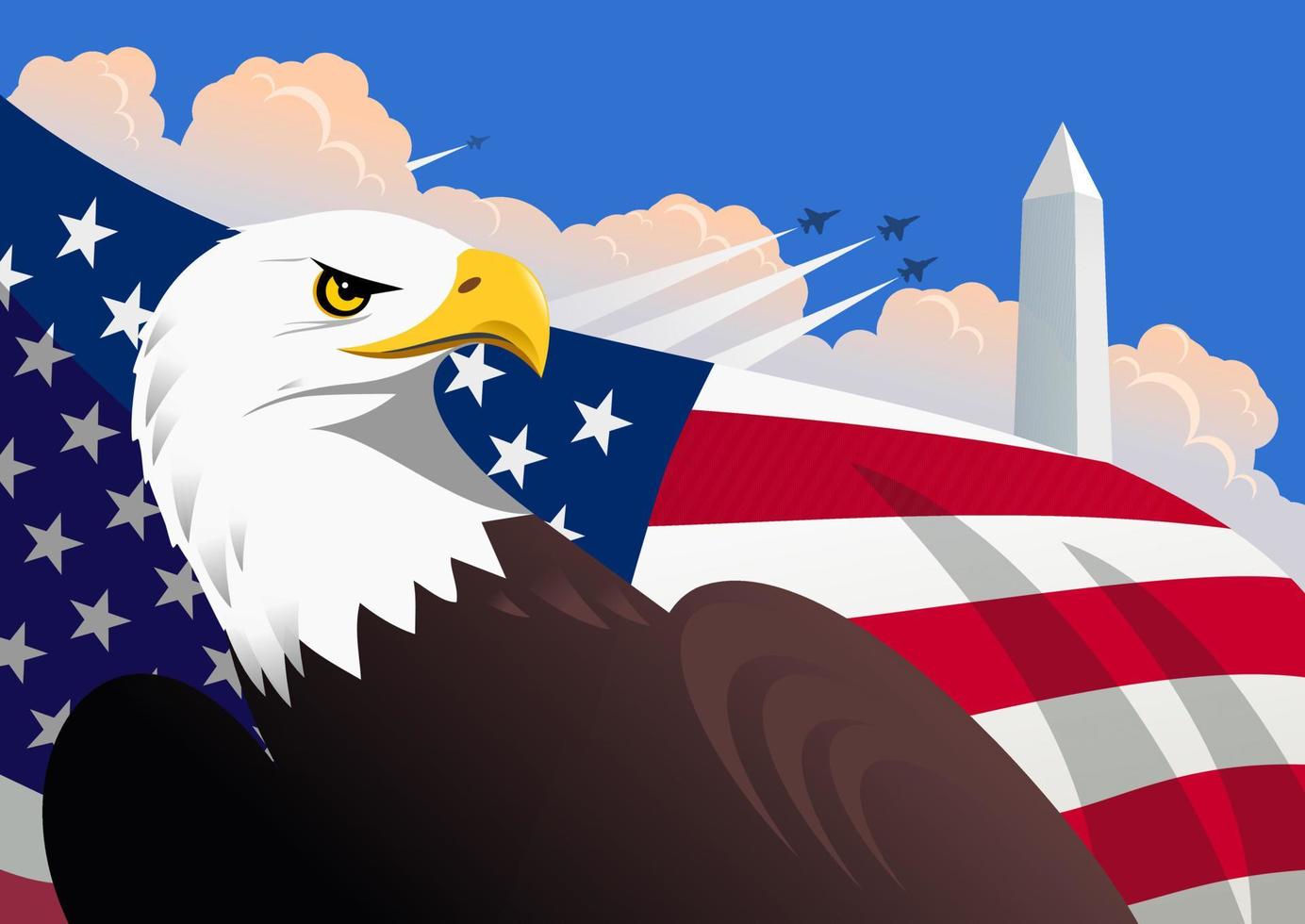 Symbolische amerikanische patriotische Illustration mit dem Weißkopfseeadler, der US-Flagge, dem Washington Monument und Militärflugzeugen, die mit Kumuluswolken am Himmel fliegen vektor