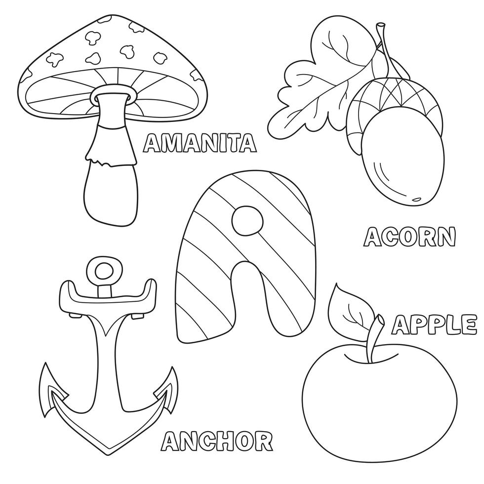 äpple, ankare, amanita, ekollon bokstav a i barnalfabetet vektor