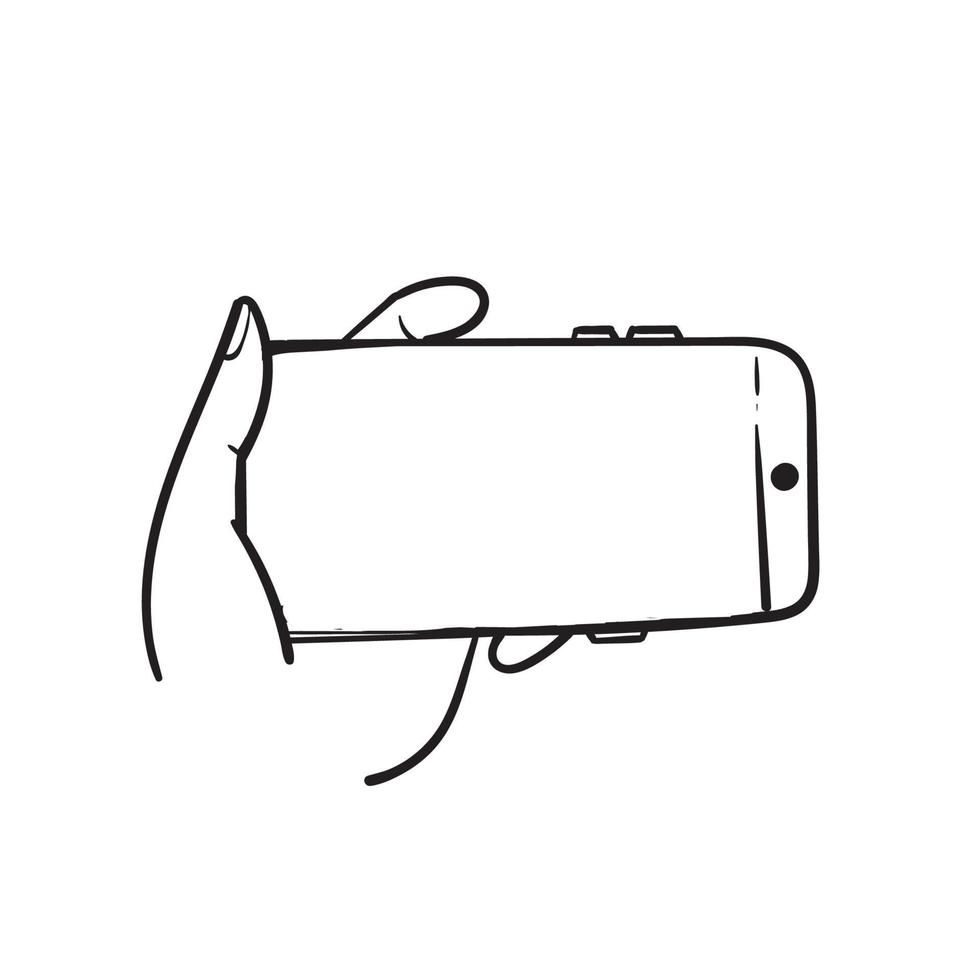 Hand gezeichnete Hand halten und berühren Smartphone-Illustrationsikonenvektor vektor