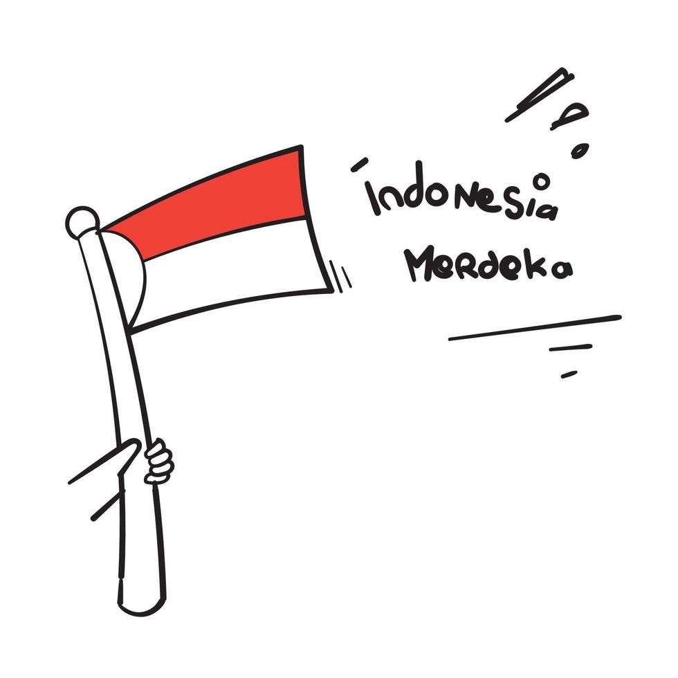 Hand gezeichnetes Gekritzel rot-weiße Flagge und Typografiesymbol für den indonesischen Unabhängigkeitstagfeiervektor vektor