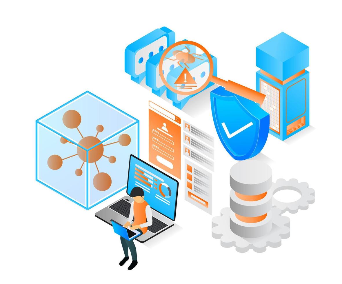 isometrische Darstellung des Schutzes der Cloud-Datenspeicherdatenbank vor Virenangriffen vektor