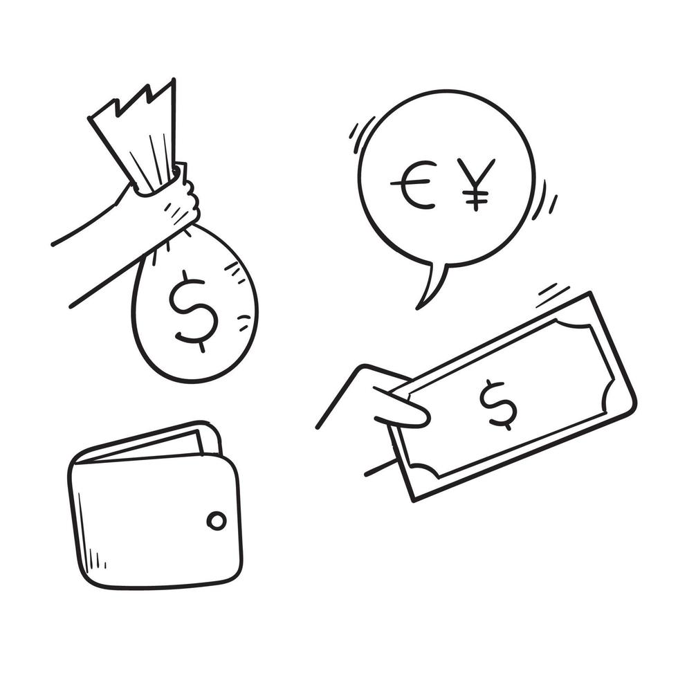 Satz von Hand gezeichnetem Geld bezogener Symbolillustrationsvektor lokalisiertes Gekritzel vektor