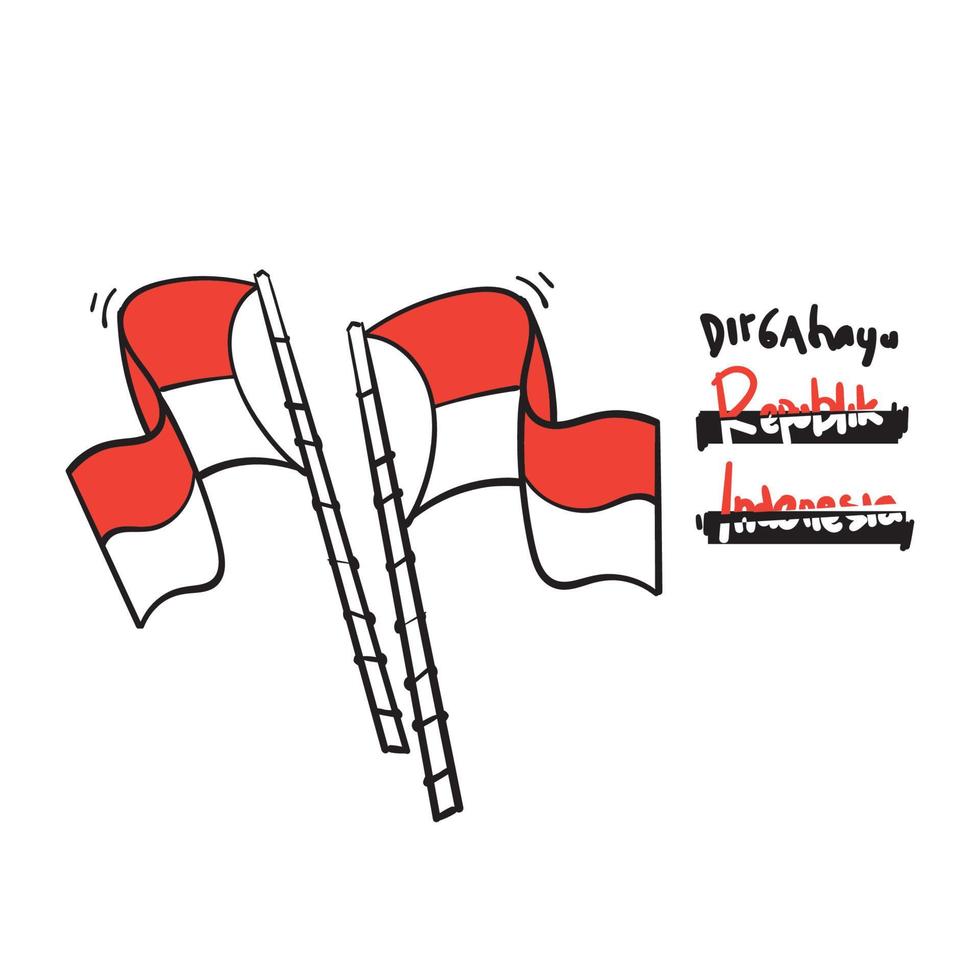 Hand gezeichnetes Gekritzel rot-weiße Flagge und Typografiesymbol für den indonesischen Unabhängigkeitstagfeiervektor vektor