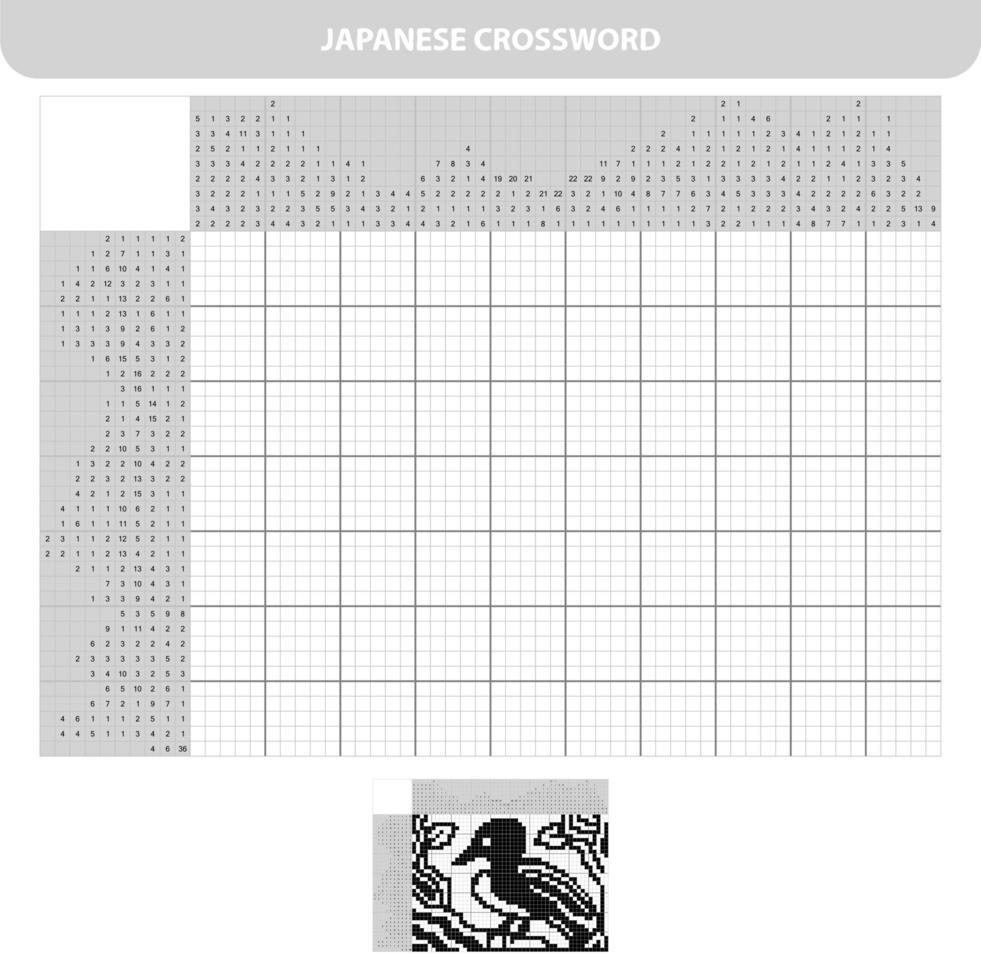 Vogel. Schwarzes und weißes japanisches Kreuzworträtsel mit Antwort. Nonogramm mit Antwort vektor
