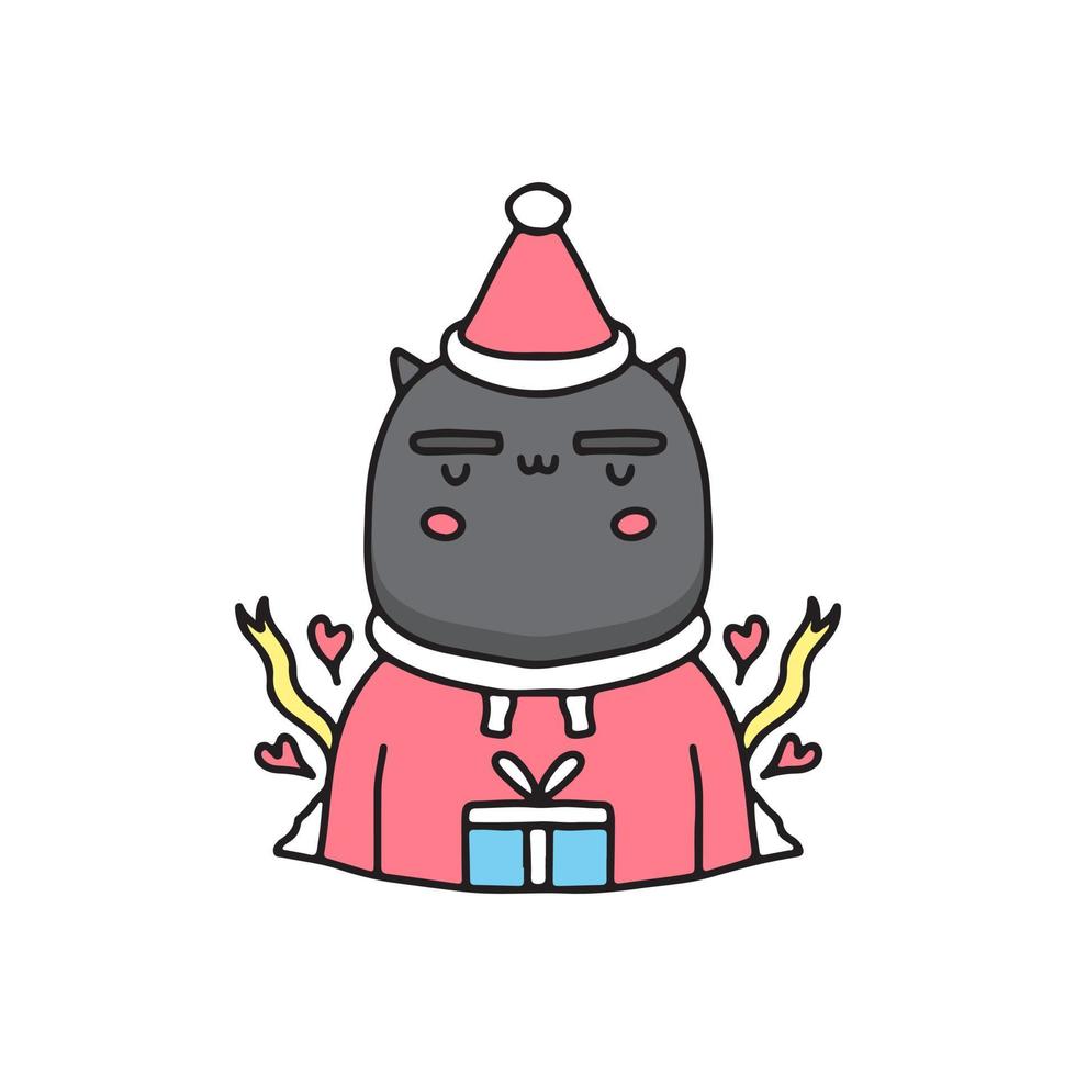 söt svart katt med presentask fira jul. tecknad film för klistermärke. vektor