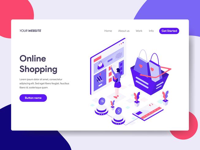 Målsida mall för Online Shopping Illustration Concept. Isometrisk plattformkoncept för webbdesign för webbplats och mobilwebbplats. Vektorns illustration vektor