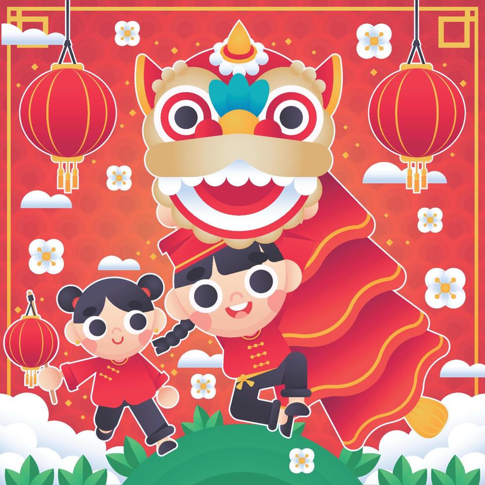 Kinder feiern chinesisches Neujahr mit Löwentanzkonzept vektor