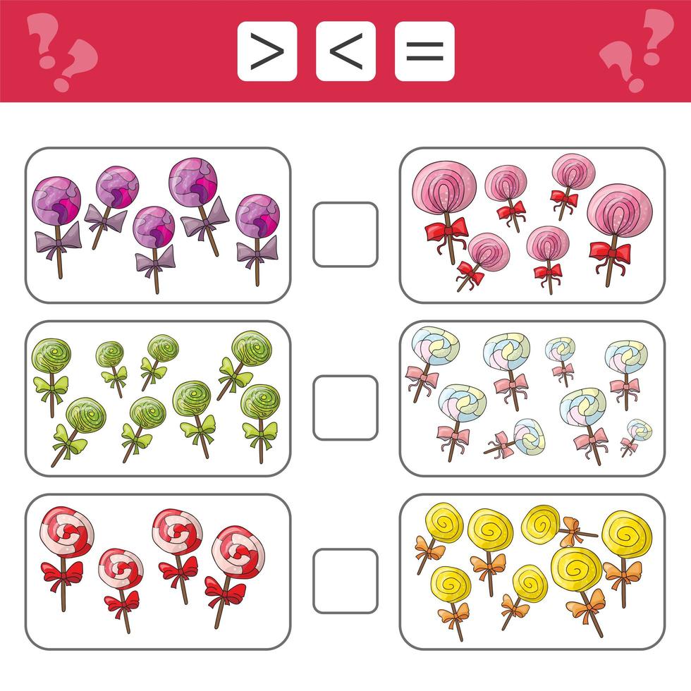 lära sig matematik, siffror – välj mer, mindre eller lika. uppgifter för barn vektor