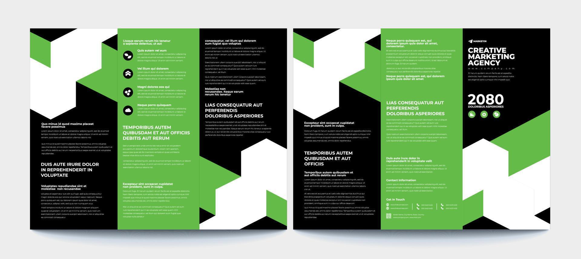 business tri fold broschyr design. svart grön företagsmall för tri fold flygblad. layout med modernt fyrkantigt foto och abstrakt bakgrund. kreativa koncept vikta flygblad eller broschyr. vektor