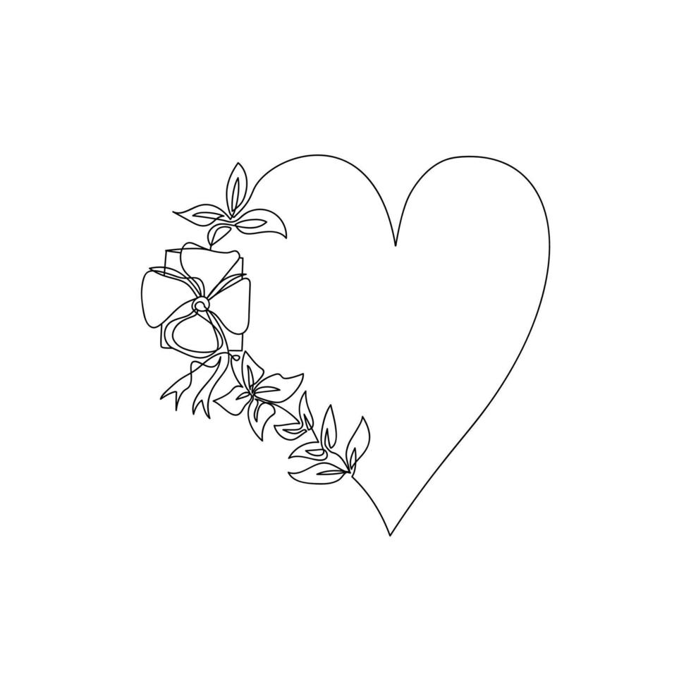 Eleganz Herz Blumen und Geschenkbox von einer Linie gezeichnet. romantische Skizze. zum Valentinstag, Hochzeit. Vektorillustration im minimalistischen Stil. vektor