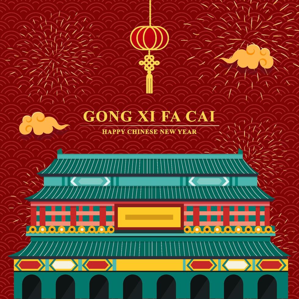 gong xi fa cai fyrverkeri firande vid tempel koncept vektor