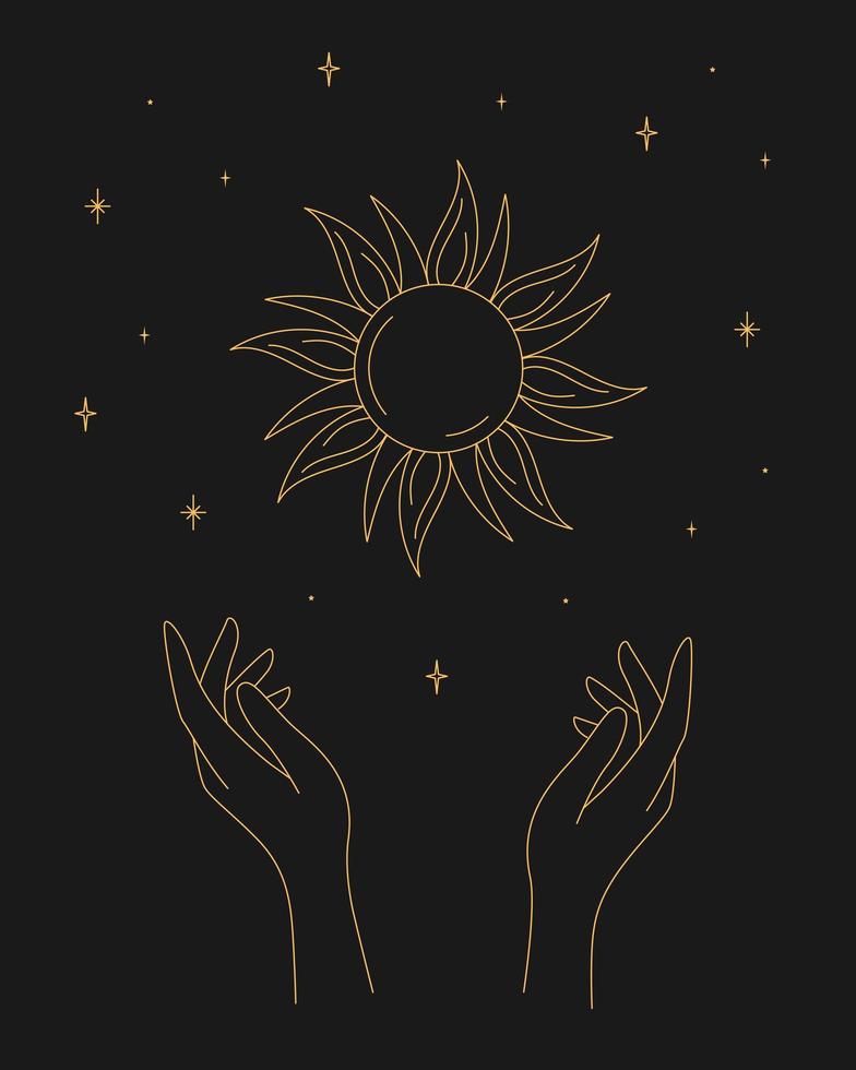 magische esoterische Astrologie Umriss Hände Sonne Sterne Tattoo-Design. Vektor-Illustration. vektor