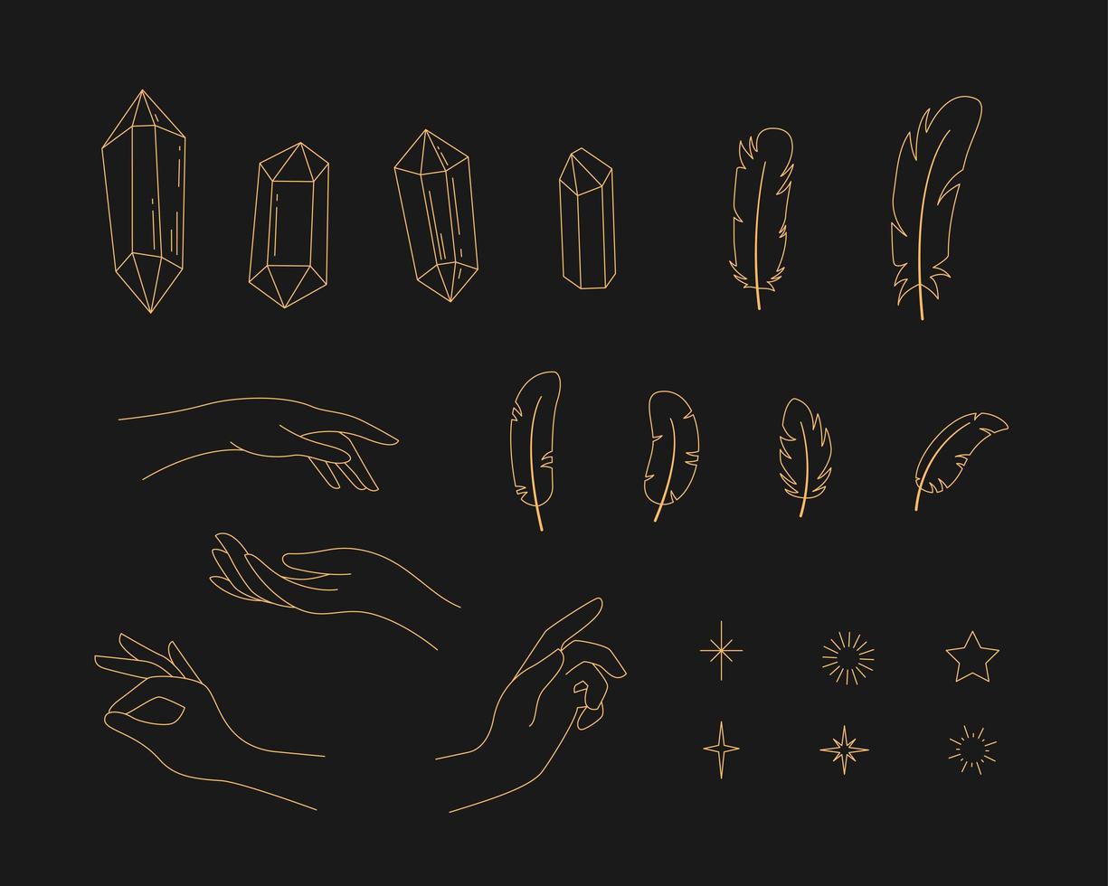Set zum Erstellen von Logos. umrissene Hände, Kristalle und Federn. Tarot- und Make-up-Symbole für weibliche Astrologen vektor