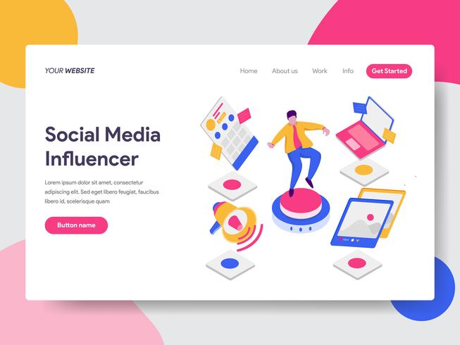 Målsida mall för Social Media Influencer Illustration Concept. Isometrisk plattformkoncept för webbdesign för webbplats och mobilwebbplats. Vektorns illustration vektor