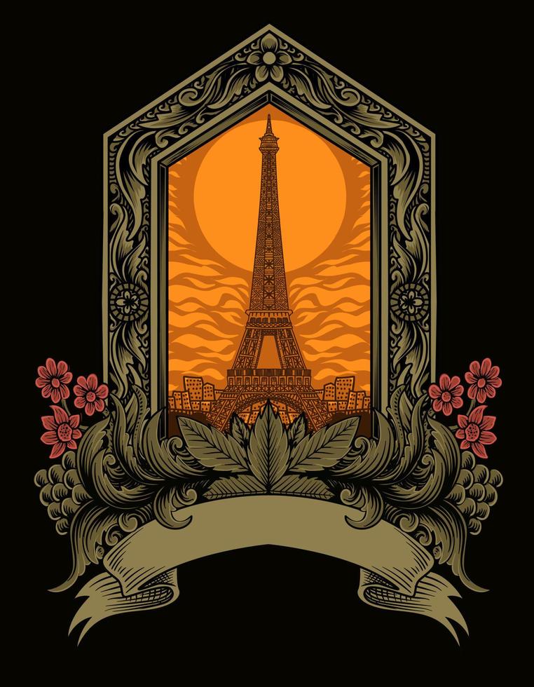 Abbildung Vektor Eiffelturm Gebäude mit Vintage Gravur Ornament auf schwarzem Hintergrund