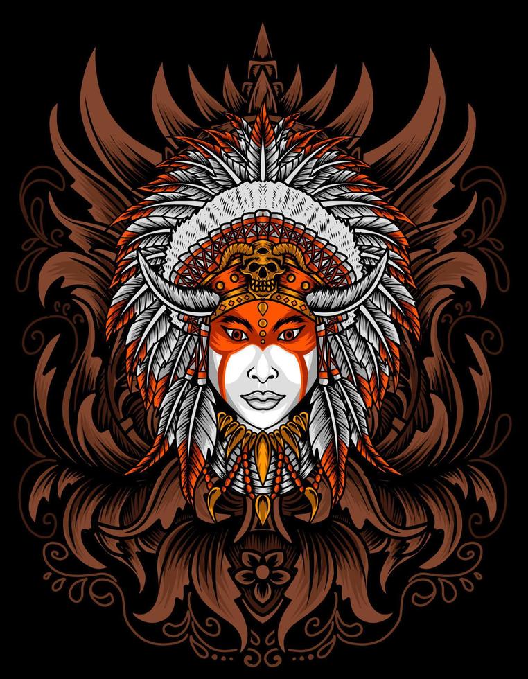 illustration vektor indisk apache kvinna med gravyr prydnad