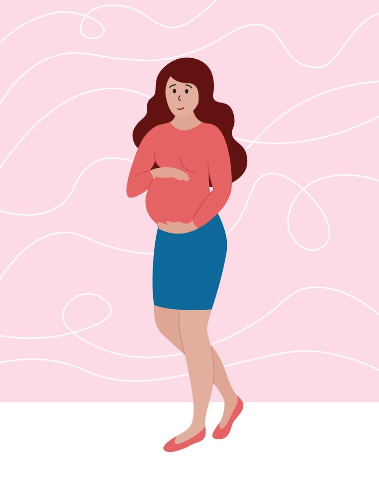 Schwangere steht in voller Höhe, lächelt und berührt den Bauch. glückliches schwangerschaftskonzept. flache Vektorgrafik. vektor