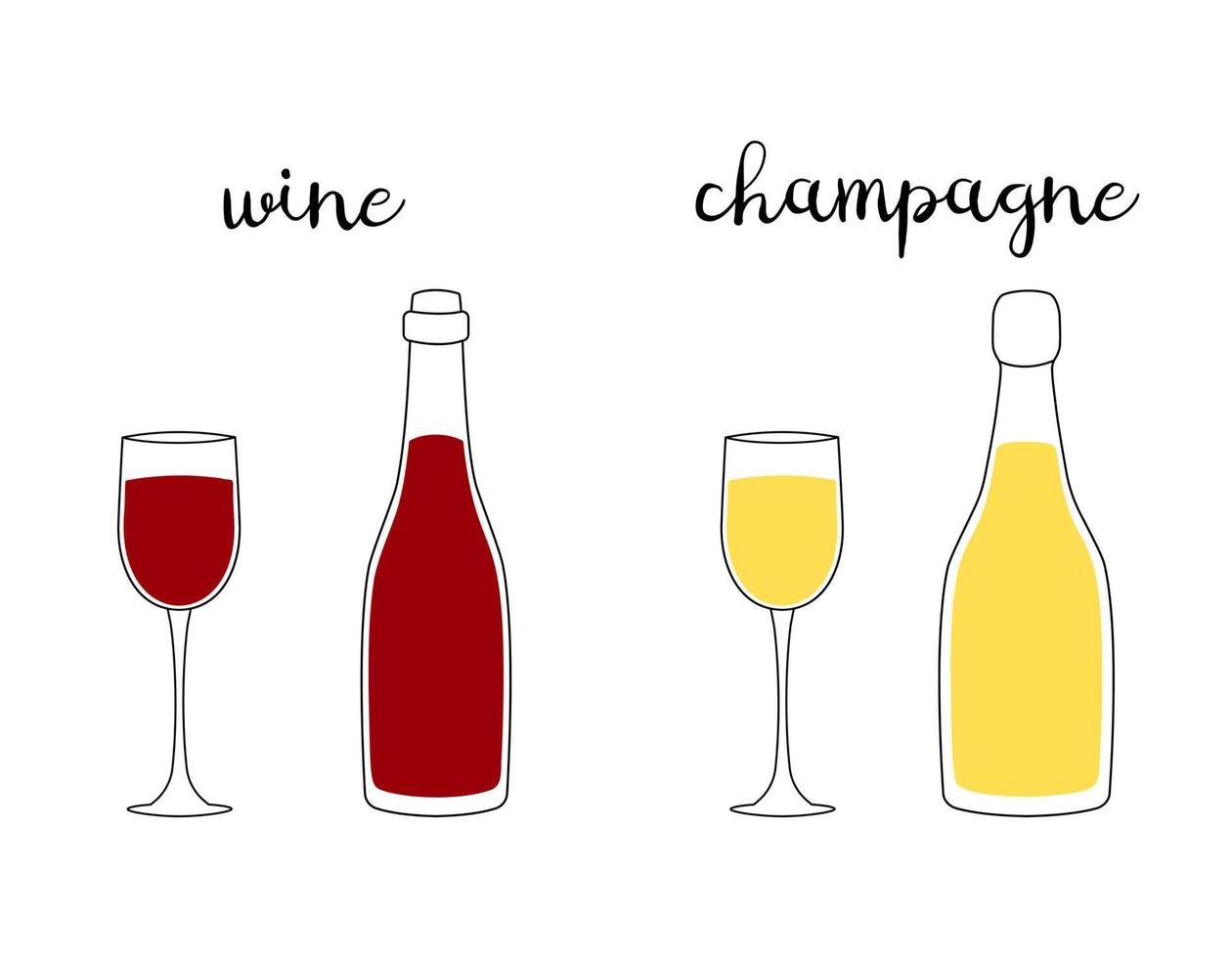 glas och flaskor champagne och rött vin isolerade. kontur doodle design. vektor illustration