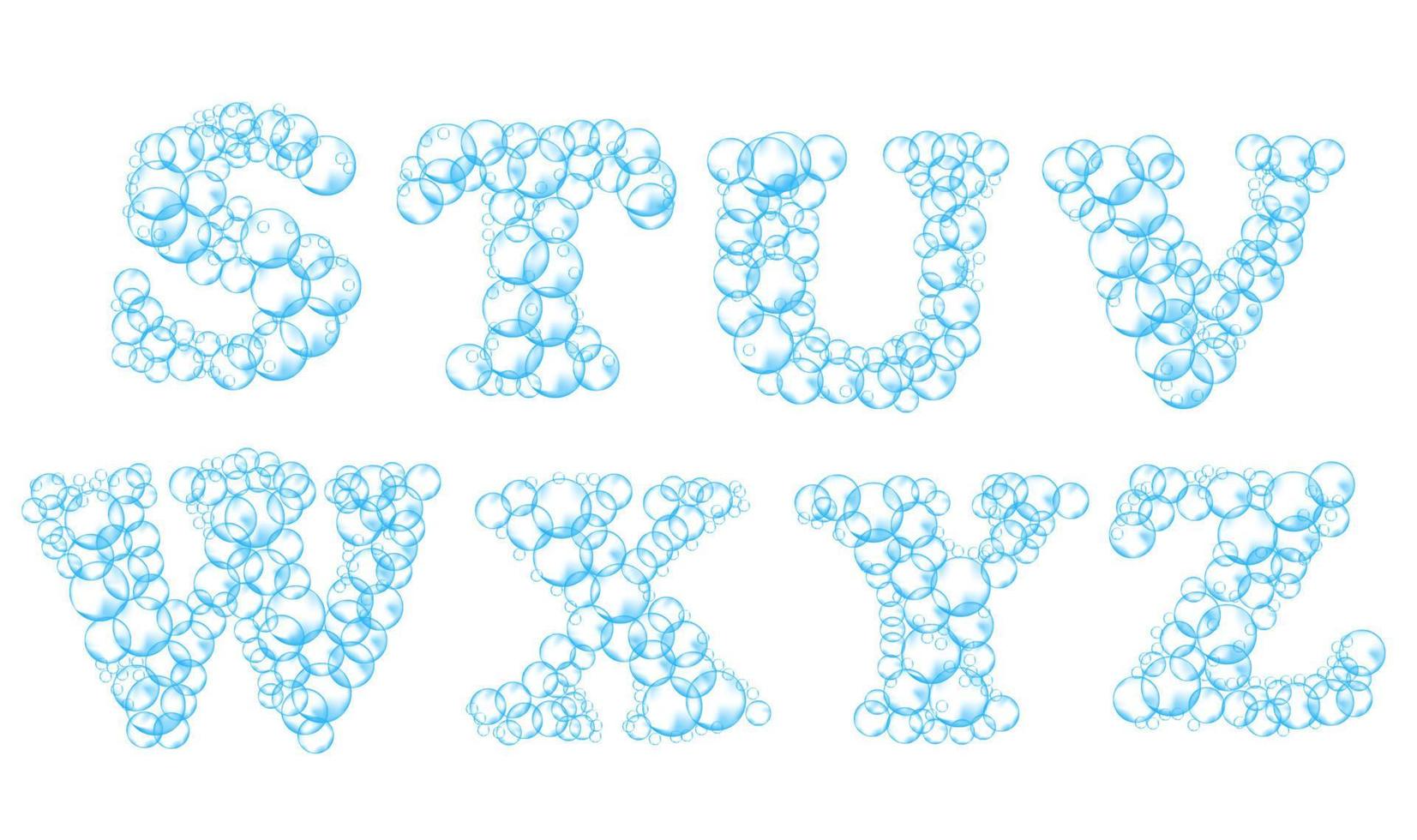 alfabetet av såpbubblor. vattenlödder bokstäverna s, t, u, v, w, x, y, z. realistiska vektorteckensnitt isolerad på vit bakgrund vektor