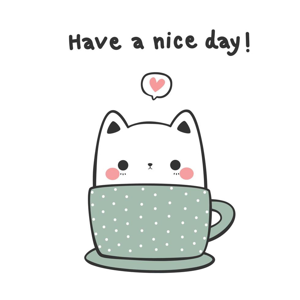 süße mollige Kätzchenkatze, die in einer Poka-Dot-Kaffeetasse sitzt, Cartoon-Doodle-Vektor-Illustration vektor