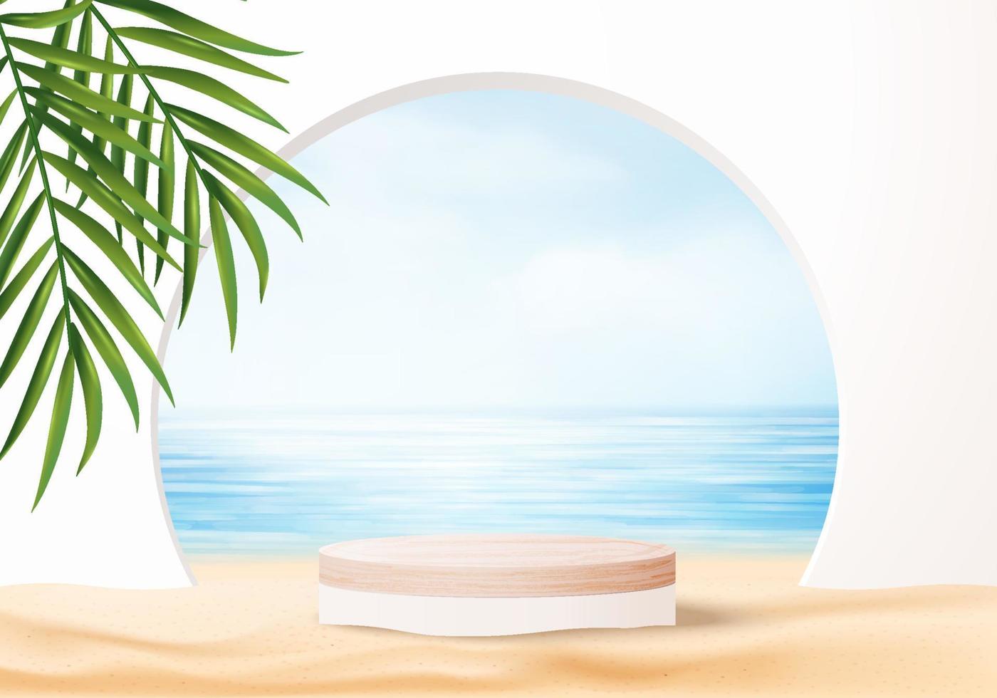 3D sommar bakgrund produkt display plattform scen med havet strand plattform. himmel moln sommar bakgrund vektor 3d gör på havet displayen. podium på sandbeige ställ för kosmetiska produkter