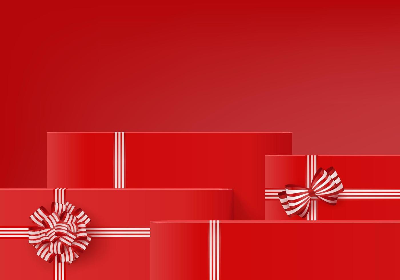 3D-bakgrund presentask med röd rosett display produkt för jul. produkt display bakgrund vektor 3d rendering med minimal podium studio. stå för kosmetika på röd presentförpackning på nyårsdagen