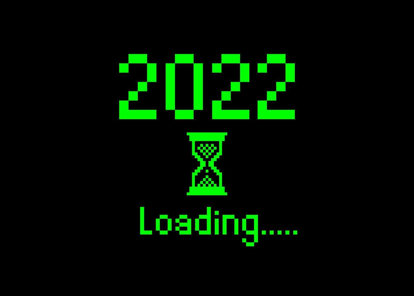 gott nytt år 2022 med laddningsikon pixel art bitmappstil. förloppsindikatorn närmar sig nästan nyårsafton. grön vektor platt design 2022 laddar pixel timglasmarkör. isolerad eller svart bakgrund