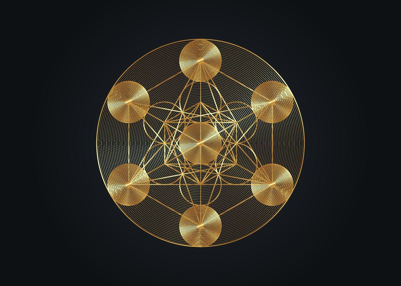 Goldmetatrons Würfel, Blume des Lebens. heilige geometrie, grafische geometrische elemente. mystische Ikone platonische Körper, abstrakte geometrische Zeichnung, Kornkreise. Vektor auf schwarzem Hintergrund isoliert