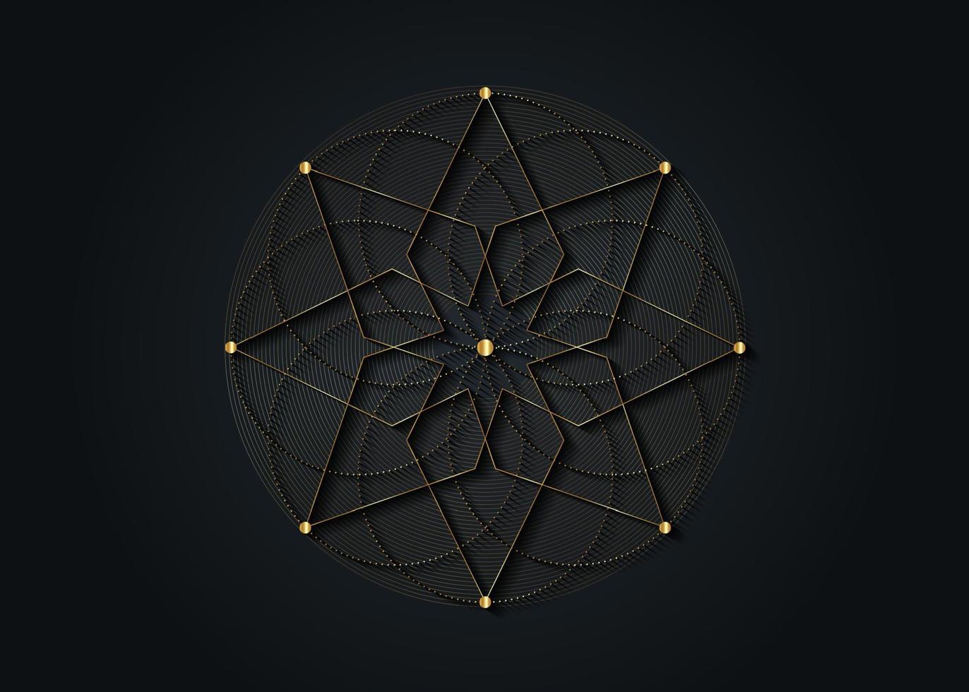 goldene heilige Geometrie, achtzackiger Stern. Logo-Symbol geometrisches mystisches Mandala der Alchemie esoterische Saat des Lebens. Vektor konzentrische Kreise göttliches meditatives Amulett auf schwarzem Hintergrund isoliert