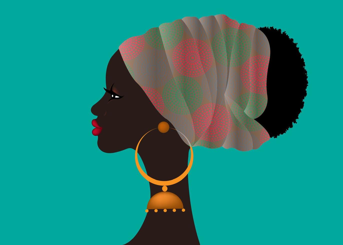 Afro-Frisur, schöne Porträt-Afrikanerin in Wachsdruck-Stoff-Turban, ethnische Stammes-bunte Kopfwickel für Afro-Locken, Vektor auf grünem Vintage-Hintergrund