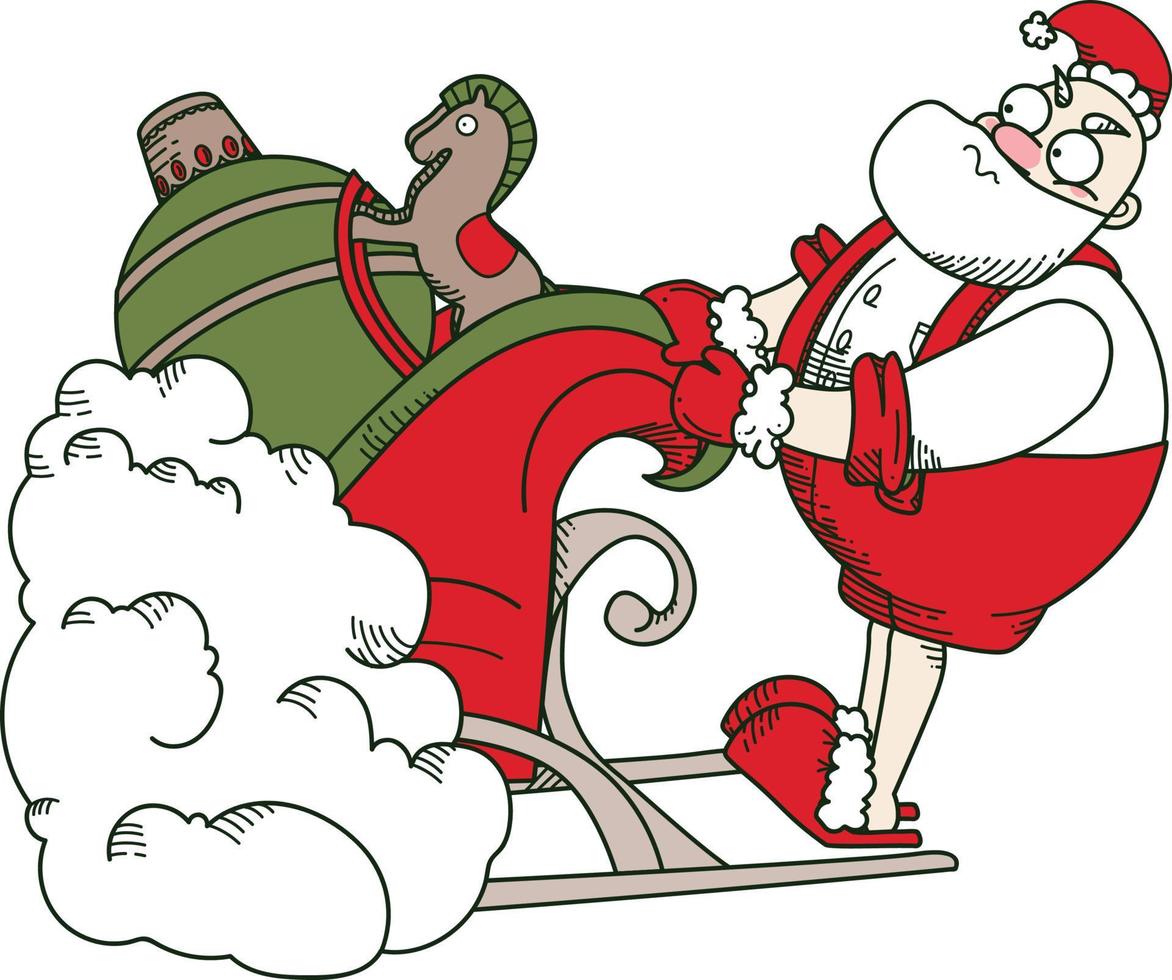 Der Weihnachtsmann holt einen Schlitten mit Geschenken heraus vektor