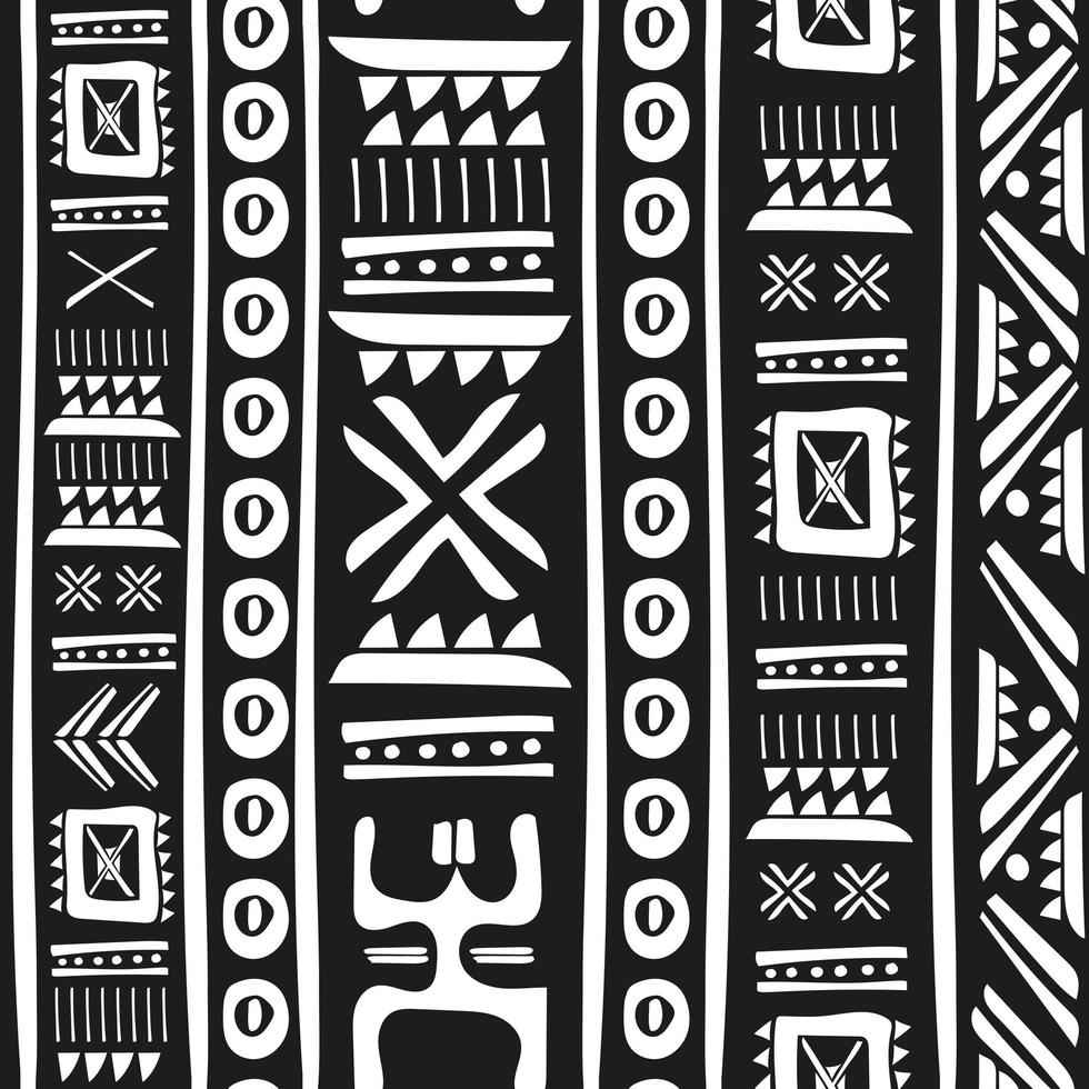 Schwarz-Weiß-Stammes-Doodle-Vektor-nahtloses Muster. aztekischer abstrakter Kunstdruck vektor