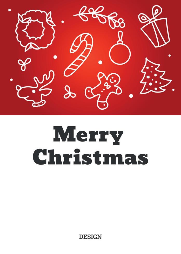 julkort med konturfigurer av pepparkakor, julgran och krans. vektor illustration.