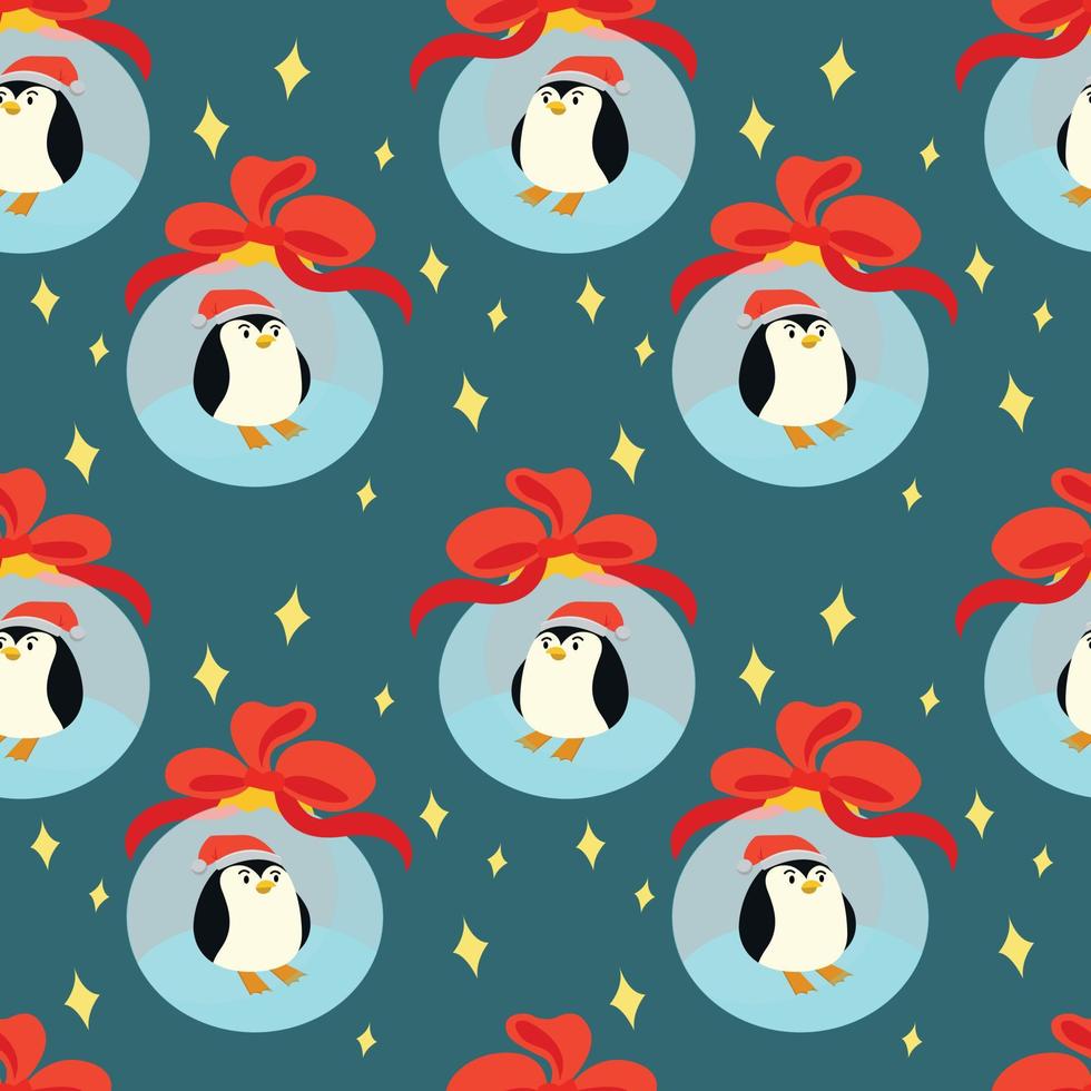 nahtloser Weihnachtshintergrund mit einem kleinen Pinguin in einer Glasweihnachtskugel vektor