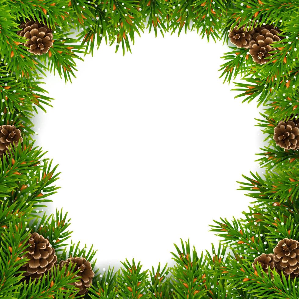 quadratische Umrandung aus immergrünen Fichtenzweigen, Tannenzapfen und Schneeflocken. für Weihnachtsdekorationen und Grußkartendesigns. isoliert auf weißem Hintergrund. realistischer Vektor