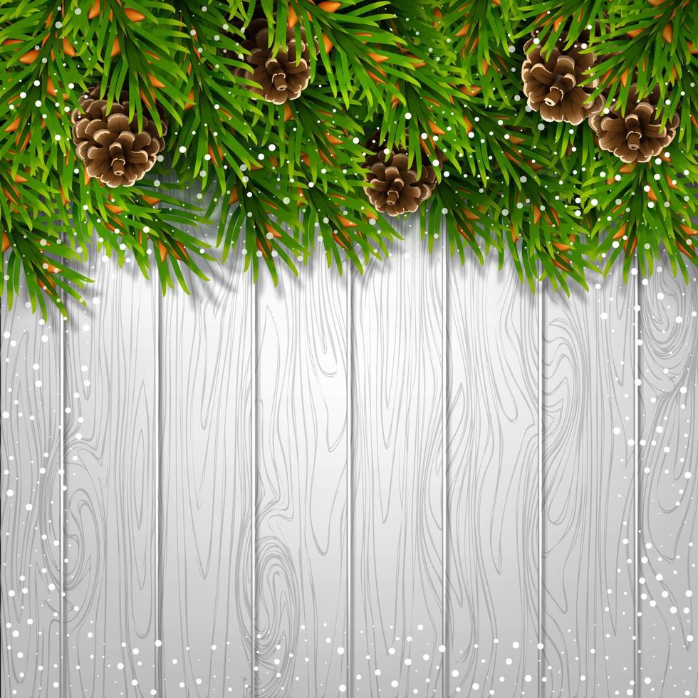 Bordüre oben besteht aus immergrünen Fichtenzweigen, Tannenzapfen und Schneeflocken. für Weihnachtsdekorationen und Grußkartendesigns. isoliert, auf einem hölzernen, hellen Hintergrund. vektor
