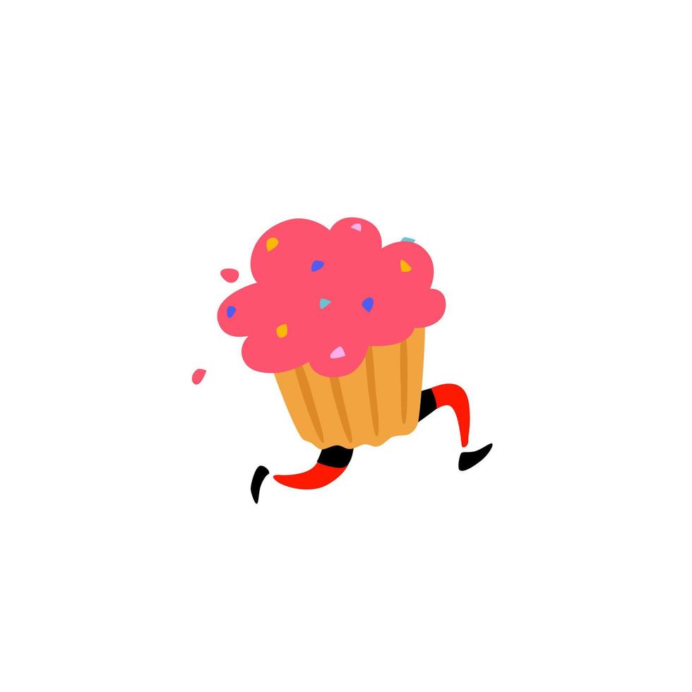 Illustration eines leckeren Muffins. Vektor. süßer Charakter mit Beinen. Symbol für Website auf weißem Hintergrund. Zeichen, Logo für den Laden. Lieferung von frischen Backwaren und Konditoreien. flacher Stil. vektor